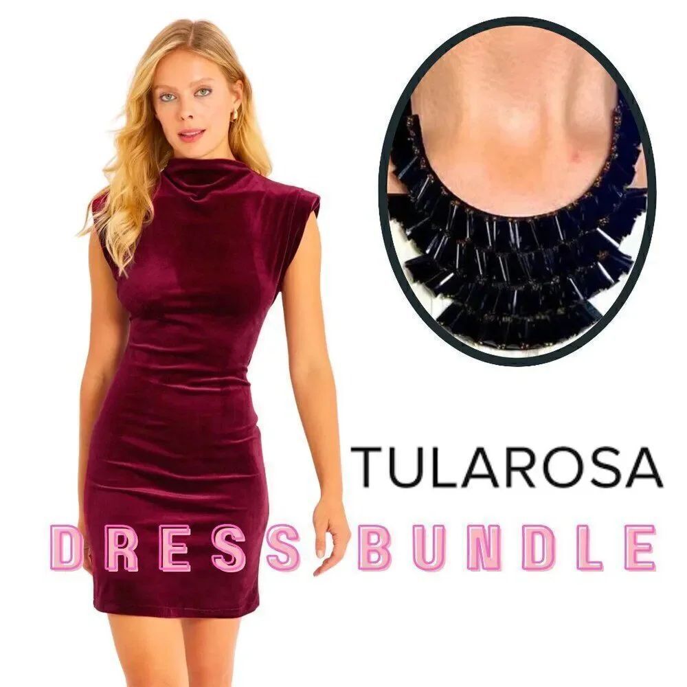 NWOT Revolve Tularosa Womens Velvet Plum Goddess Dress + Necklace Bundle